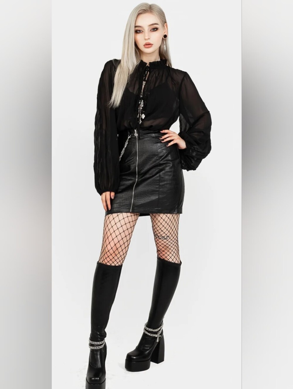 Disturbia Villain Black Sheer Crinkle Tie Front Blouse Goth US 14
